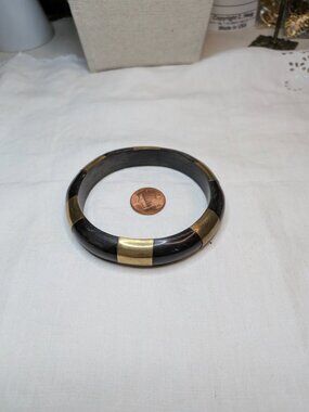 Vintage Black Horn & Brass Inlay Bangle Bracelet